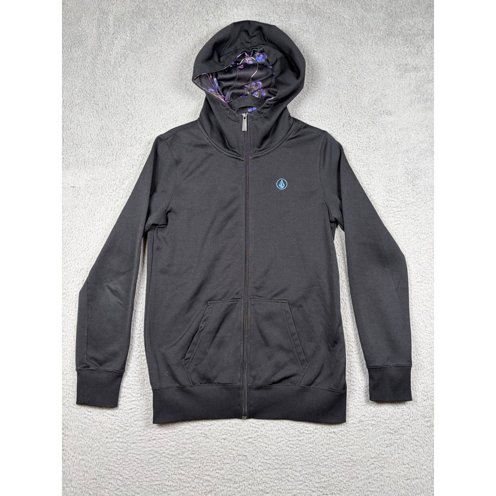 Volcom Sambaydro‎ Fleece Hoodie Black Floral Satin Hood Zip Up Mens M Y2K Skater